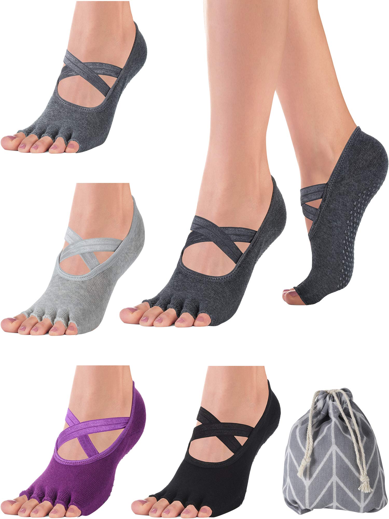 SATINIOR 4 Paris Non-slip Toeless Yoga Socks with Grips Half Toe Socks for Women Pilates Barre Dance Ballet Kickboxing