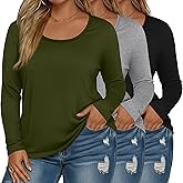 Evervibe 3 Pack Women's Plus Size Scoop Neck Long Sleeve Shirts, U Neck Loose Layer Tops Casual Soft Solid Basic Tees Blouses