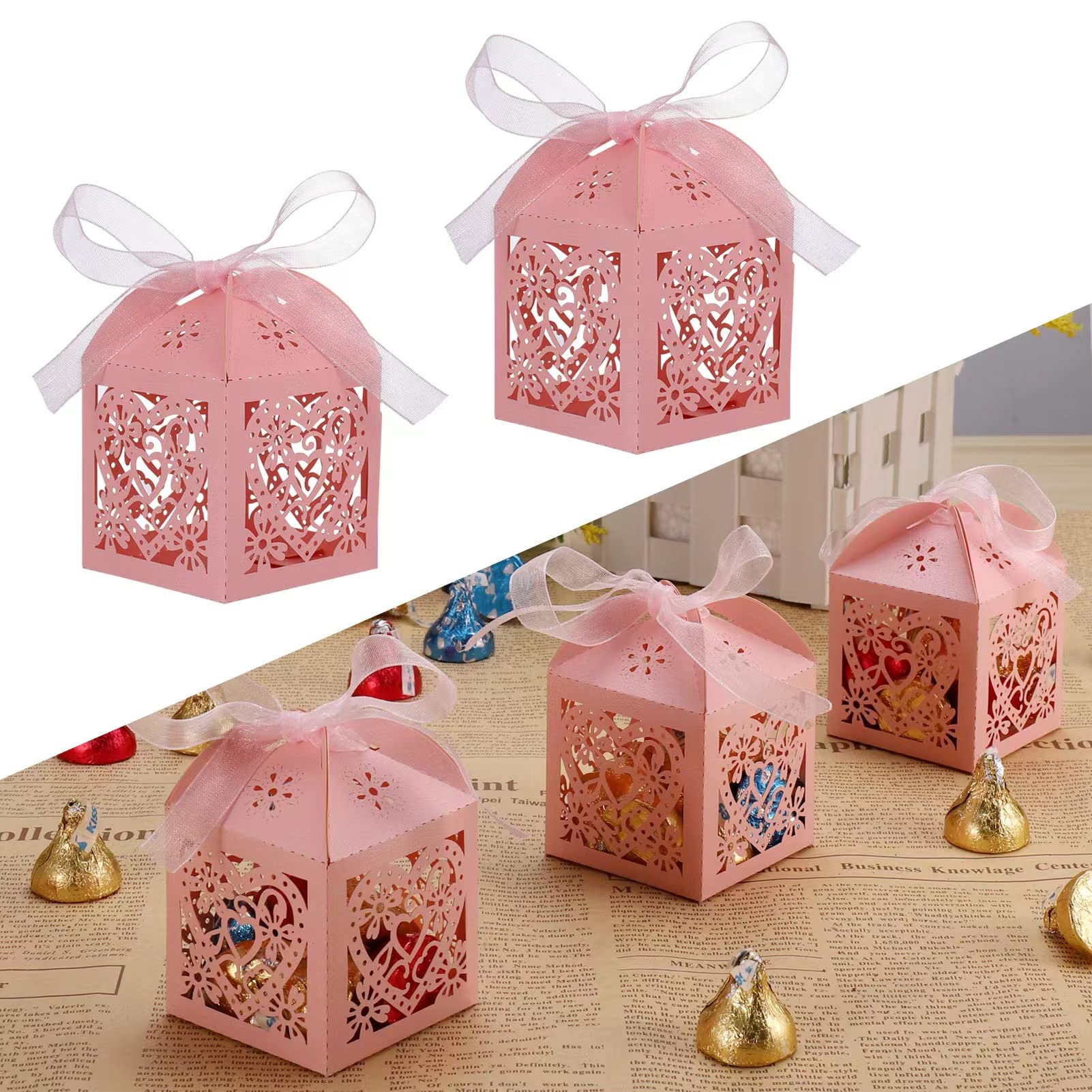 Fentar 50 x Party Favour Box (5 x 5 x 7 cm) Laser Cut Wedding Candy Box for Wedding Favours for Guests Decoration for Weddings, Christenings, Birthdays (Pink)