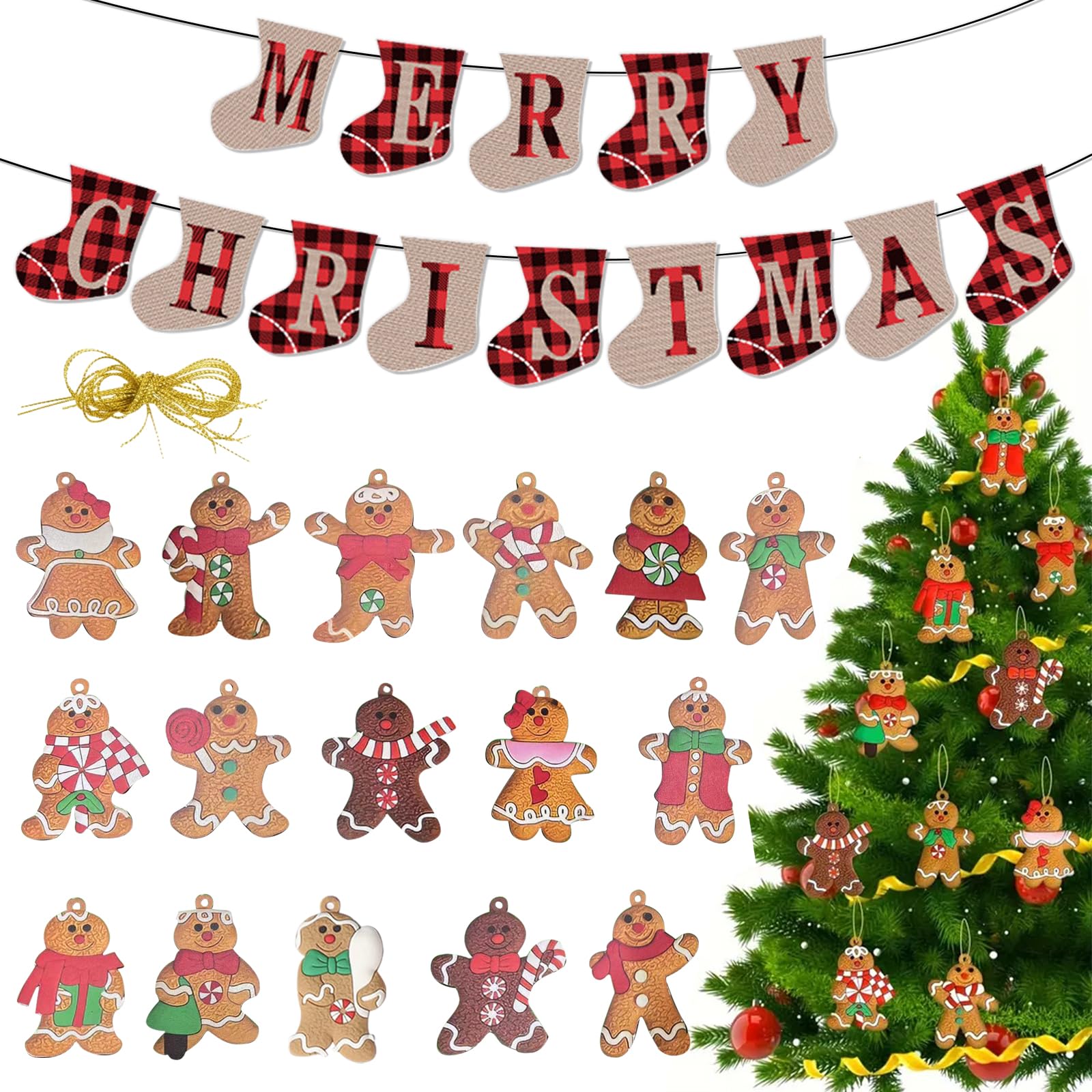 TYXHXTF 30 Pcs Tree Decorations, Gingerbread Man Ornaments, Sock Shaped Merry Christmas Banners, Xmas Tree Hanging Ornament Pendant with Strings, DIY Decoration for Party
