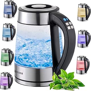 Glas Wasserkocher 1,7 Liter | 2200 Watt | Edelstahl mit Temperaturwahl | Teekocher | 100% BPA FREI | Warmhaltefunktion | LED Beleuchtung im Farbwechsel | Temperatureinstellung (40°C-100°C)