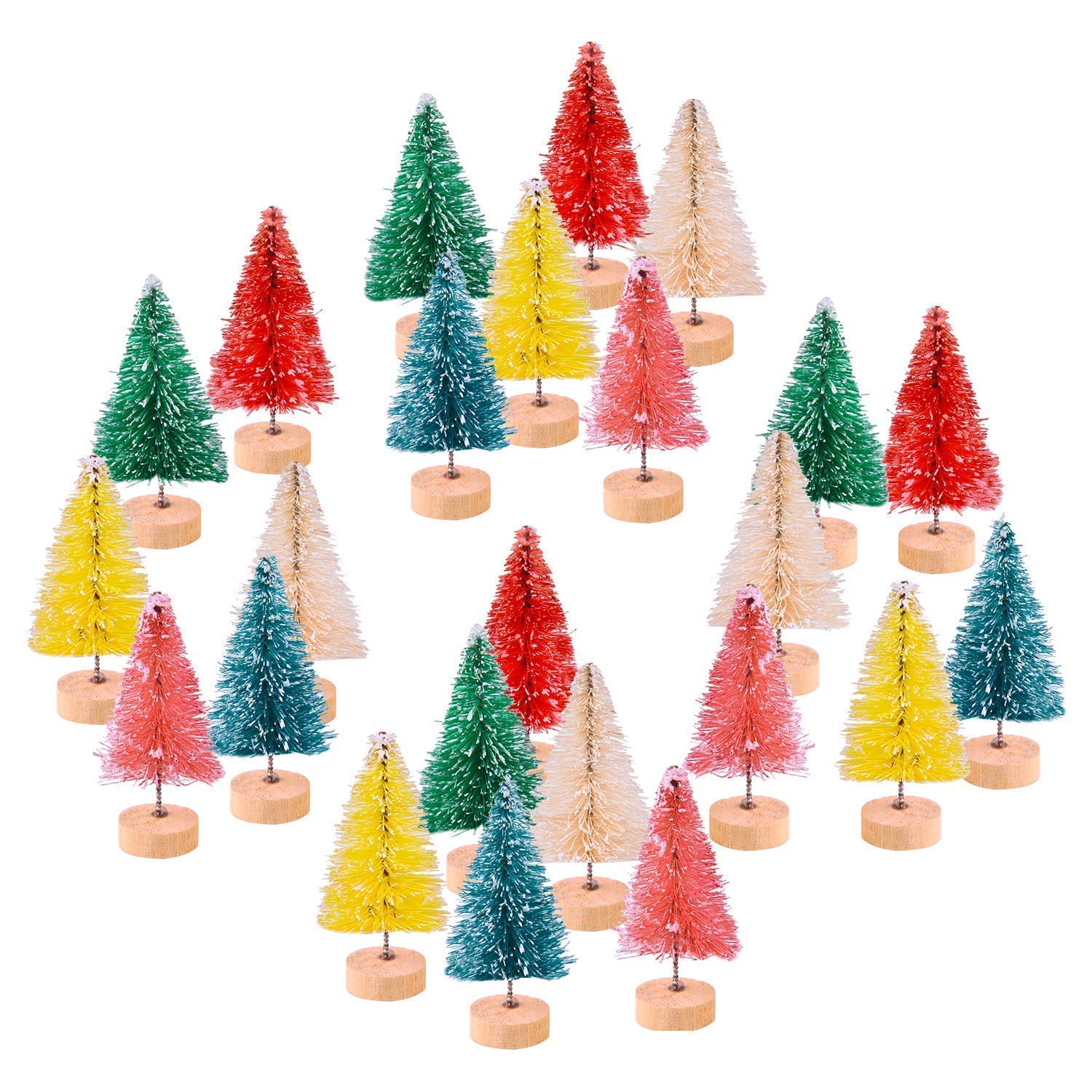 KUUQA 24 Pcs Multicolor Mini Snow Frosted Sisal Trees - Christmas Bottle Brush Pine Winter Snow Ornaments for Tabletop Decor (6 Colors) Small Size