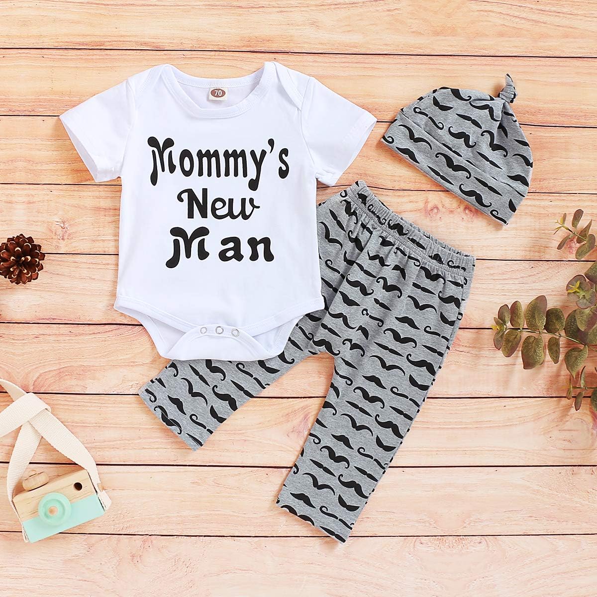 3Pcs Baby Boy Clothes Mommy's New Man Print Bodysuit Summe Cotton Short Sleeve Romper Moustache Pants+Hat Outfits Set: Clothing