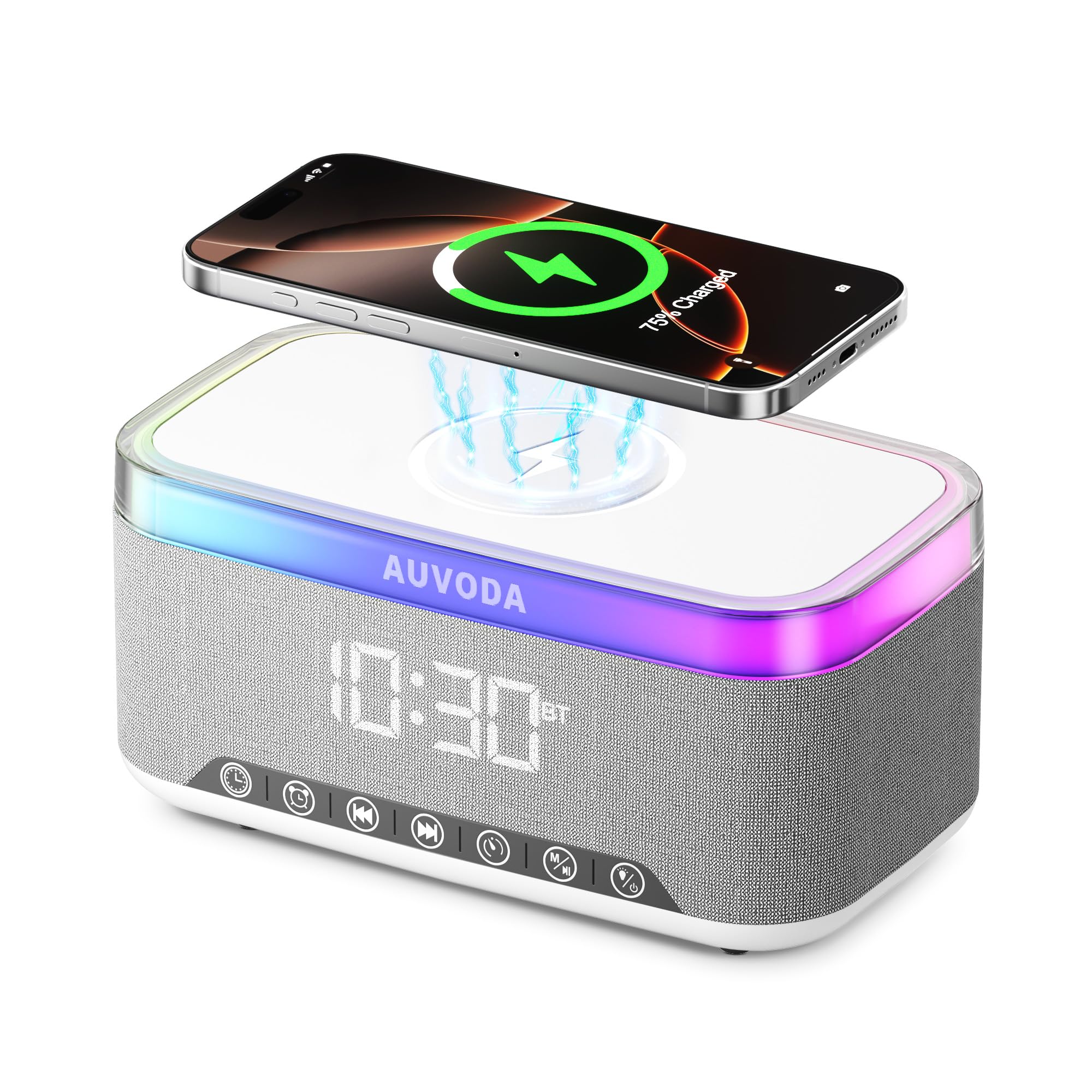 Auvoda S300 16W Stereo Portable Bluetooth Speaker with 15W Fast Wireless Charging, 13-Color Dimmable Night Light, White Noise, Alarm, FM Radio, BT5.3, TWS, for Home, Office, Bedroom (White)