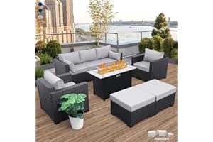 RATTANER Patio Furniture Set 45 In Outdoor Fire Pits 6 Pieces Outdoor Patio Furniture 60000 BTU Outdoor Propane Fire Pit Table Patio Sofa Outdoor Chairs Anti-slip Cushions Waterproof Covers, Light Grey