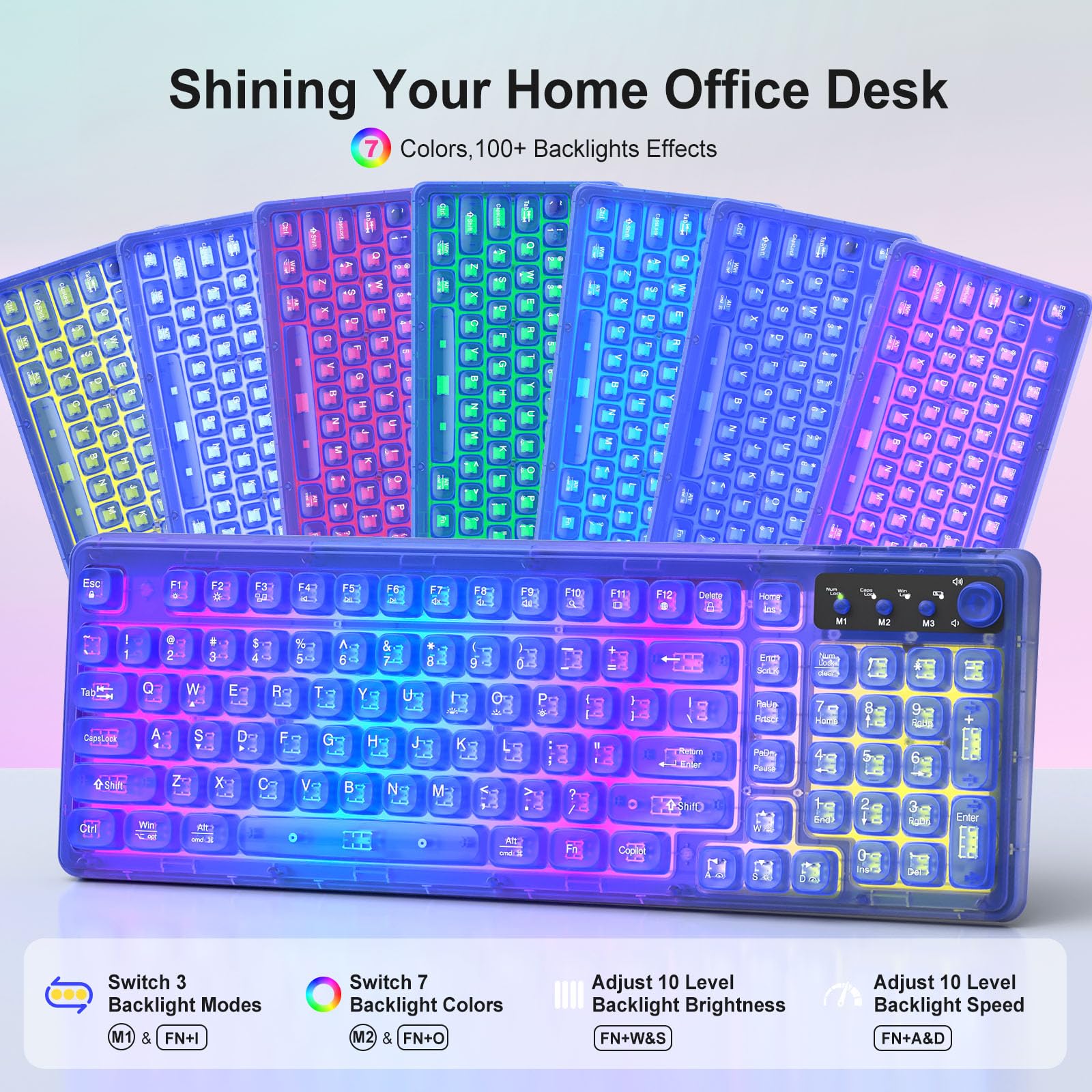 Blue Light Up Keyboard and Mouse Wireless,Cute 2.4Ghz Cordless Rechargeable Transparent Backlit Keyboard,15 Backlight Effects,Volume Knob,RGB Mouse with 3 DPI for Mac Computer PC Laptop Desktop iPad