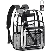 QOECI Clear Backpack Heavy Duty With A TSA Lock, 18 Inch Large Clear Back pack, Transparent See Through Bookbag for College, Work, Travel, Sport- Black