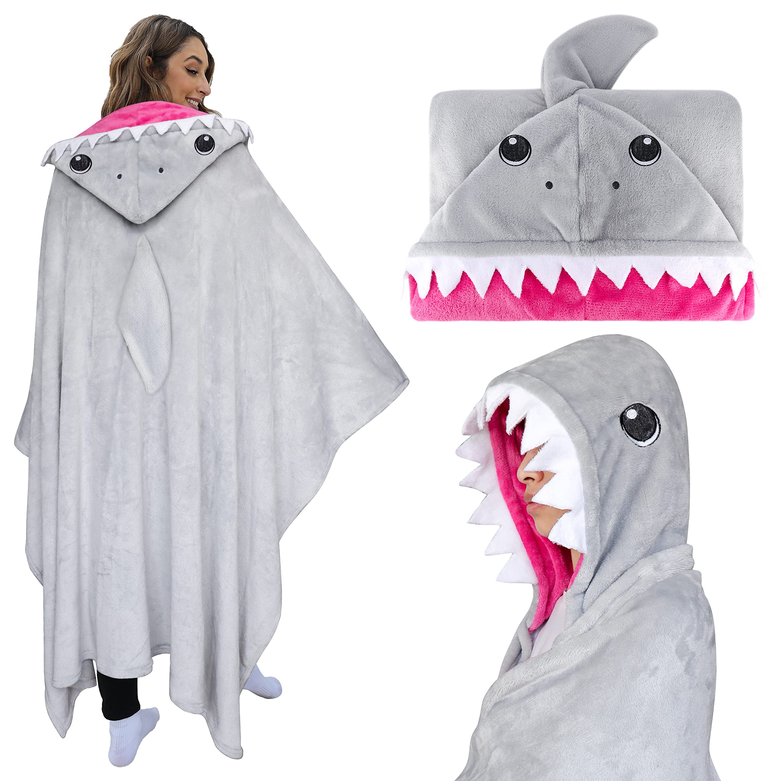 Shoppawhile Shark Gifts for Women Wearable Hooded Blanket Soft Cute Warm Fluffy Shark Gifts Hooded Blanket Presents for Teenage Boys 59 * 51 inch — image 1
