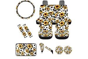 BIGCARJOB Sunflower and Cow Print Auto Interior Protective Cover Set,Streering Wheel Cover Armrest Cushion and Cup Holder,Seat Belt Protector Gear Lever Handbrake Cover,Full Set of 12 Pack
