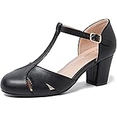 Women's T-Strap Block Heel Pumps, Ankle Buckle Closure, Classic Cut Out Round Toe Dress Shoes