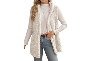 FEOYA Womens Fuzzy Sherpa Vest Sleeveless Button Down Hooded Jacket Casual Warm Open Front Cardigan Outerwear
