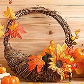 Daifunli Thanksgiving Cornucopia Wreath, 11.8'' Cornucopia Wreaths for Front Door Horn of Plenty Harvest Decorations Artificial Leave Acorn Fruits Pumpkin Decor for Thanksgiving Home Door Decor