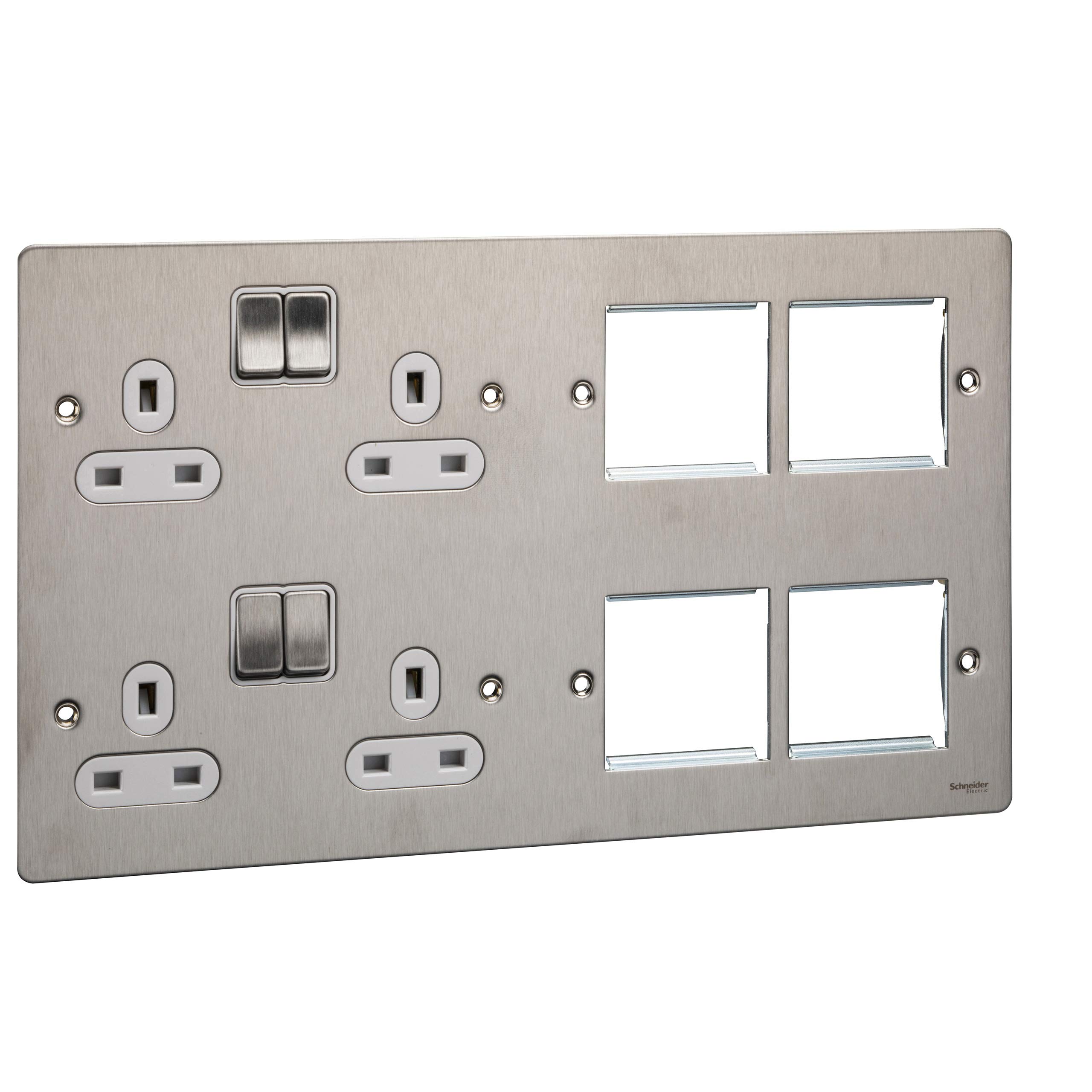 Schneider Electric Ultimate Flat Plate - Switched 4 Gang Power Socket, Double Pole, With Combination Media Plate, GU32204DMPWSS, Stainles Steel With White Insert