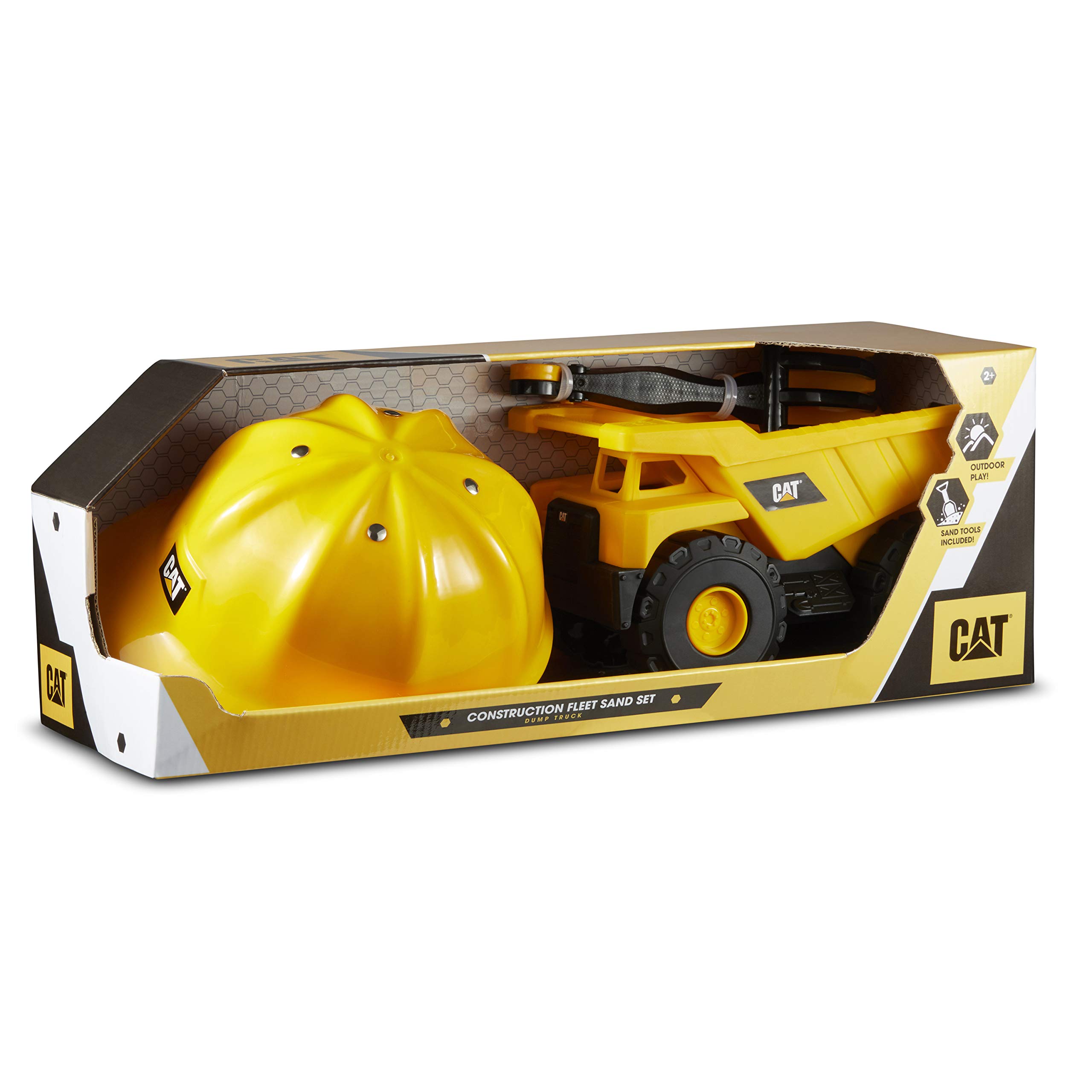CAT articulated freewheeling dump truck and construction helmet