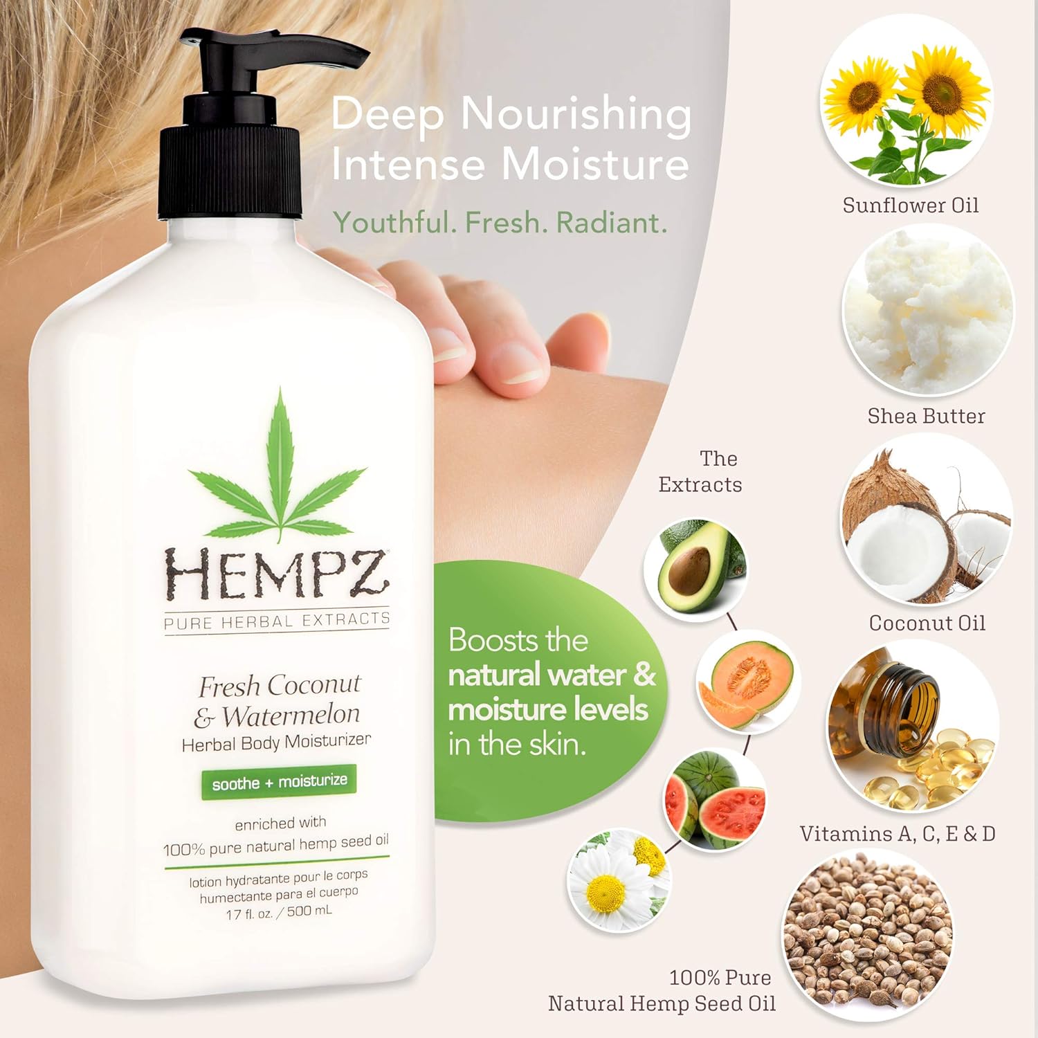 Hempz Fresh Coconut & Watermelon Moisturizing Skin Lotion, Natural Hemp Seed Herbal Body Moisturizer with Chamomile & Avocado Extracts, Vitamins  A, C, E & D, 17 oz: Beauty