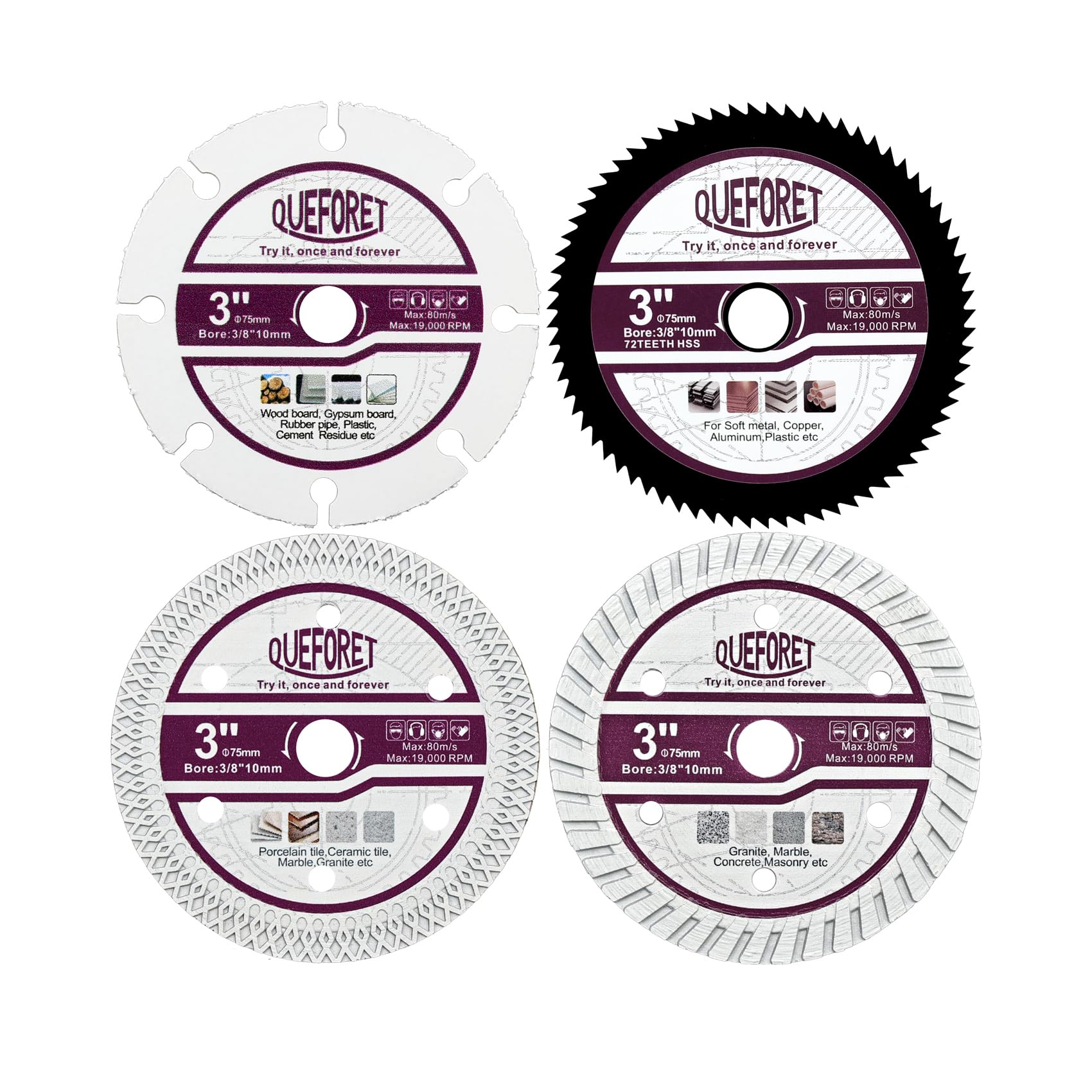 QUEFORET 75mm Saw Blades Set 4pcs - Carbide Blade for Wood Rubber, HSS Blade for Soft Metal, Diamond Tile Saw Blade for Ceramic, Diamond Concrete Saw Blade for Masonry, with 10mm Arbor