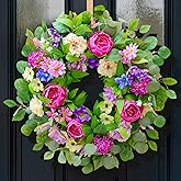 CHvista Spring Wreaths for Front Door Outside 24 Inch Spring Door Wreath with Pink Peony,Rose and Blue Hydrangeas, Handmade Silk Summer Wreaths for Front Door Home Wall Window Proch Seasonal Decor