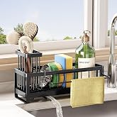 SWTYMIKI Sponge Holder for Kitchen Sink - Sink Caddy with Brush Holder Self-draining Sponge Caddy Organizer with Divider Stainless Steel Kitchen Accessories Storage for Countertop, Black
