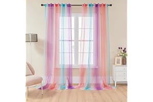 XiDi Ombre Sheer Curtains for Girl Bedroom Decor,Pink Purple and Blue Curtains for Girls Room Decorations Mermaid and Pink 96 Inch Length 2 Panels