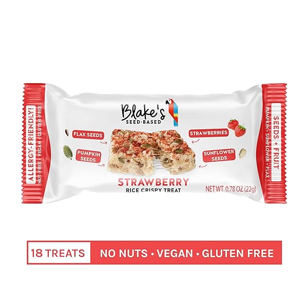 BLAKE’S SEED BASED RICE CRISPY TREATS – STRAWBERRY (18 COUNT), NUT FREE, GLUTEN FREE, DAIRY FREE & VEGAN, HEALTHY SNACKS FOR KIDS OR ADULTS, SCHOOL SAFE, LOW CALORIE ORGANIC FRUIT FLAVORED SNACK