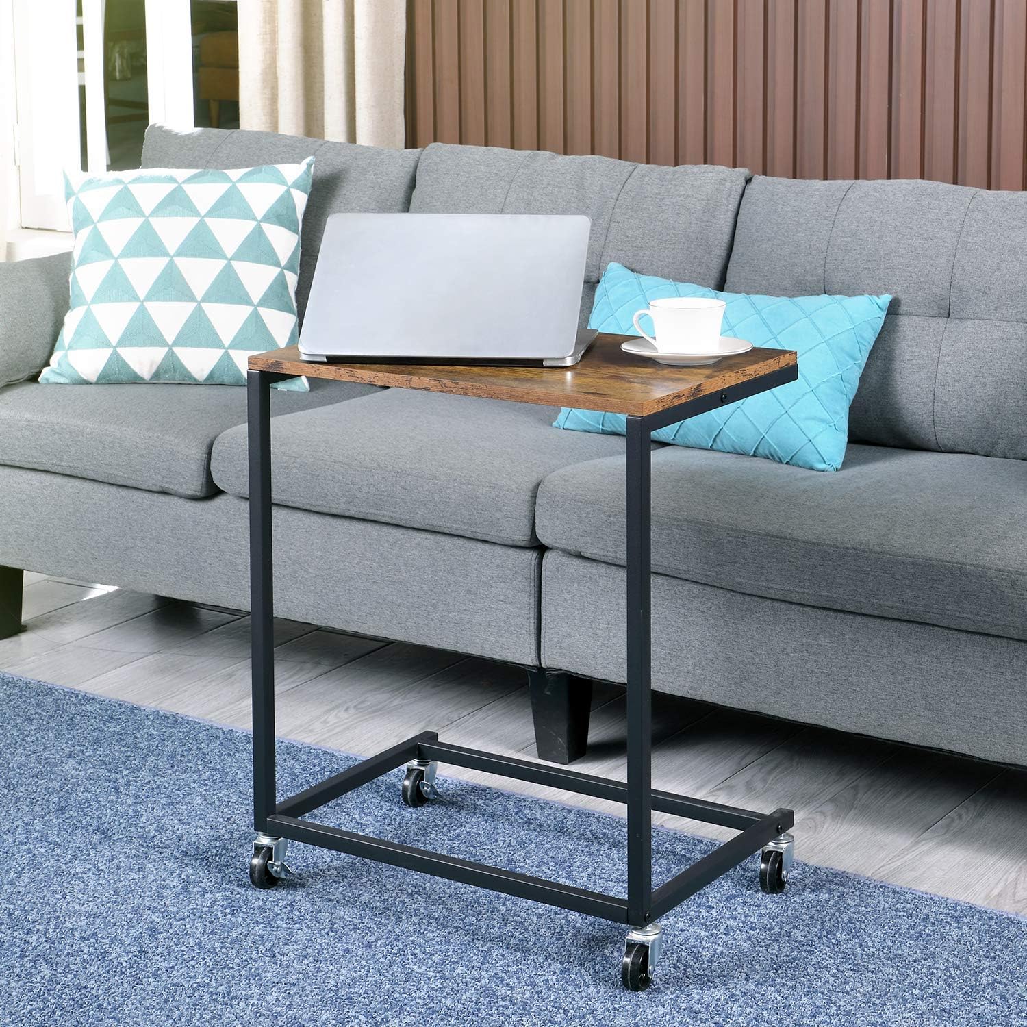 Ohuhu C Shaped Side End Table, Mobile Laptop Table with Optional Adjustable Feet and Casters for Coffee Snack Tablet, Slides Next to Sofa Couch Bed, Vintage Look with Metal Frame, Dark Walnut: Kitchen & Dining