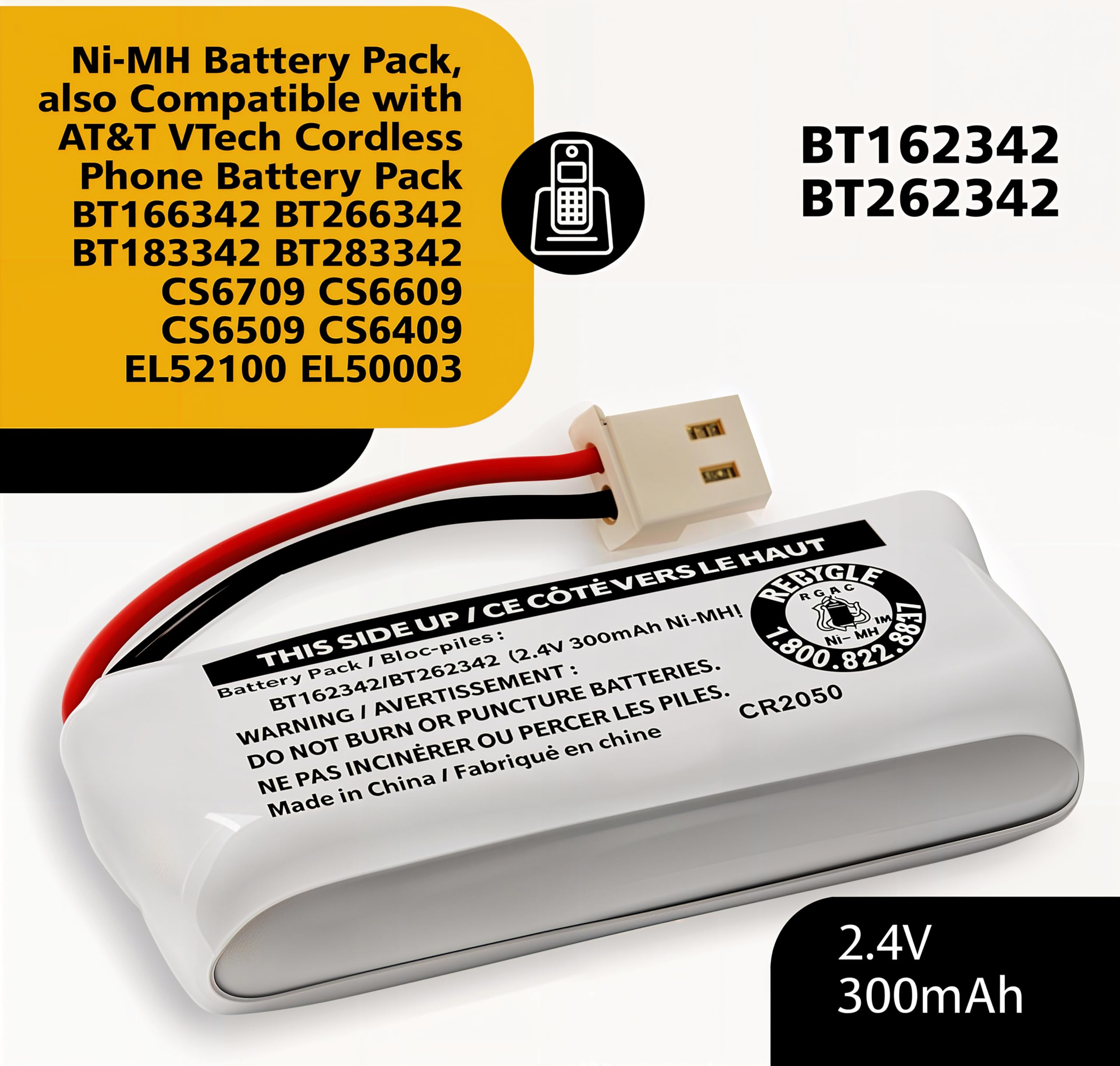 2-Pack BT162342/BT262342 2.4V Battery Packs for VTech Cordless Phone