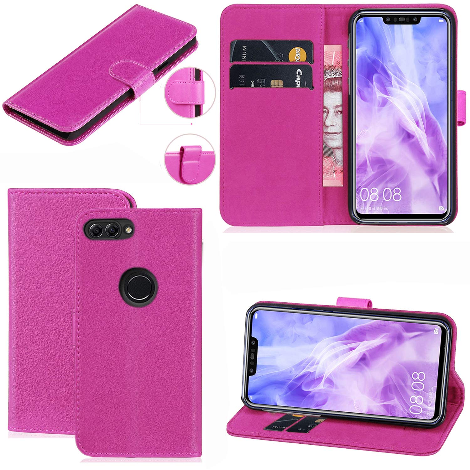 Mobile Stuff Huawei P Smart Case, [Kickstand] [ Card Slot] [Magnetic Closure] TPU Bumper, Full Body Protection Flip Folio Leather Cover Case for Huawei P Smart/Huawei Enjoy 7S (Pink)