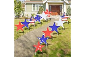 PhyLence 12-Piece Independence Day Star Yard Signs with Stakes - 6 Assorted Designs 12.2 x 11.8 Inches Large Patriotic Star Signs for Outdoor Garden and Lawn Decoration for Fourth of July Party Favor