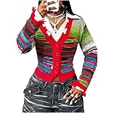 RoseSeek Women's Colorful Striped Cropped Sweaters Button Down Fitted Cardigans Y2k Fall Tops