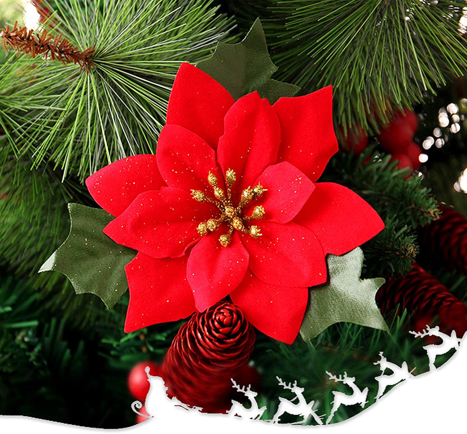 10 Pack Christmas Flowers Red Poinsettia Artificial Velvet