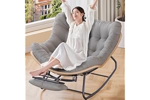 LEMODOR Patio Outdoor Rocking Chair with Foot Rest, Oversized Cozy Comfy Kids Reading Nook Chair with Ottoman for Bedroom Porch Balcony, Rocker Chaise Lounge Chair Indoor (Light Gray)