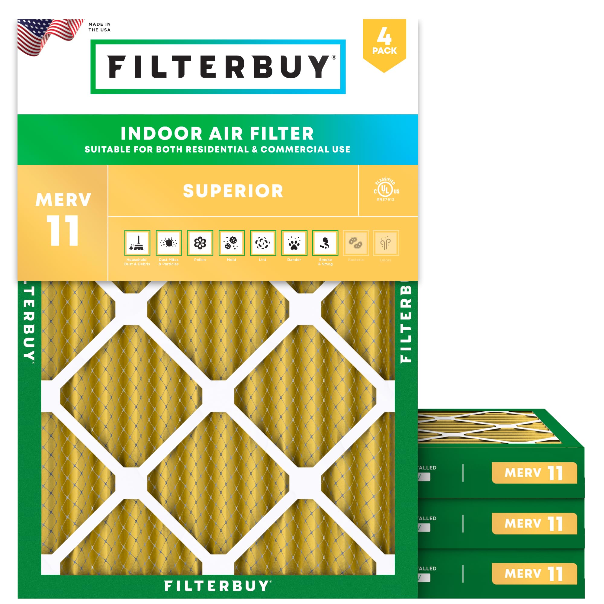 Filterbuy 30x32x2 Air Filter MERV 11 Superior Pet & Allergy Defense (4-Pack), Electrostatic Pleated HVAC AC Furnace Filters Replacement, Made in USA (Actual Size: 30.00 x 32.00 x 1.75) Image