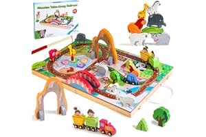 JUSTWOOD Wooden Take Along Train Set, Zoo Theme Parties, Magnetic Fishing Game Animal Stacking Game, Portable Train Toy for Traveling, Gift for 2 Year Old Boy, 25 Pcs