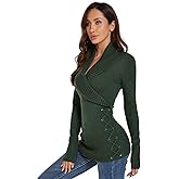 AmélieBoutik Women Slim Fit Sexy Casual Shawl Collar Faux Wrap Lace Up Long Sleeve Sweater
