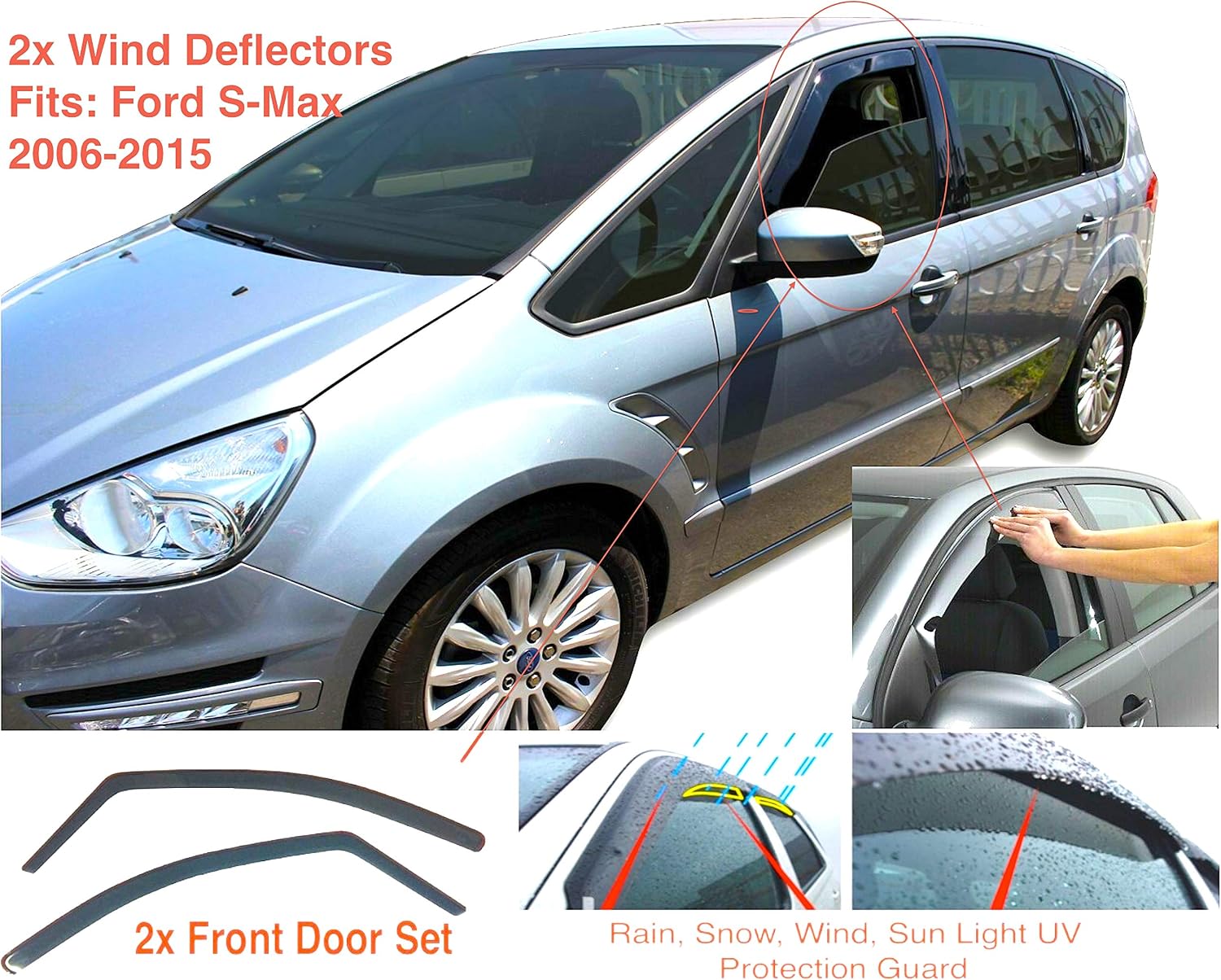 AC WOW 2x Wind Deflectors Compatible with Ford S-MAX 2010–2015 Smoke Tinted Acrylic Glass Door Side Windows Interior In-Channel Visors Rain Snow Sun Guards