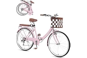 SAHISTCT 24/26 Inch Folding Beach Cruiser Bike for Women,7 Speed Hybird Commute Bicycles,Womens Bicycle with Basket for Adults, Dual V-Brake and Adjustable Seat