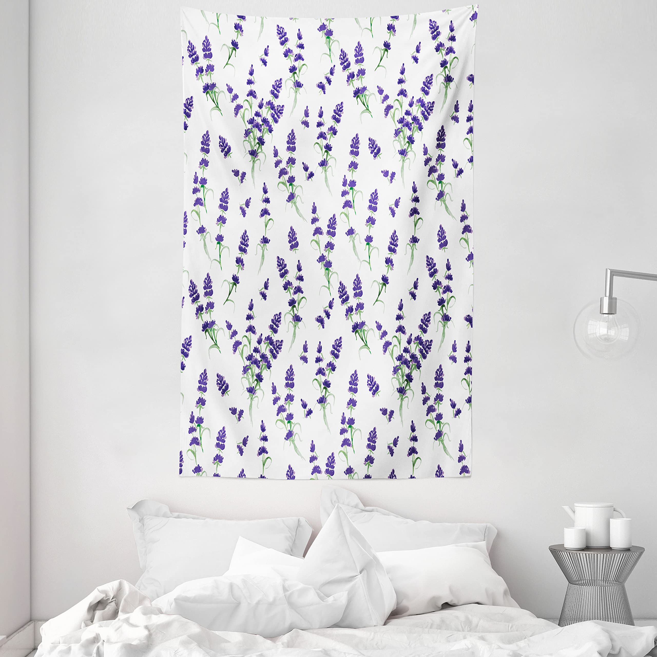 ABAKUHAUS Flower Tapestry, Watercolor Lavender Flowering Fragrant Pale Plant Essential Oil Extract Temperate, Fabric Wall Hanging Decor for Bedroom Living Room Dorm, 54 W X 90 L, Violet Green