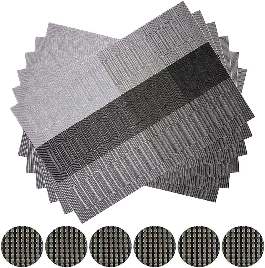 JIATO Placemats And Coasters Set of 6 for Dining Room Heat Resistant Place Mats (Placemats+Coasters, Black)