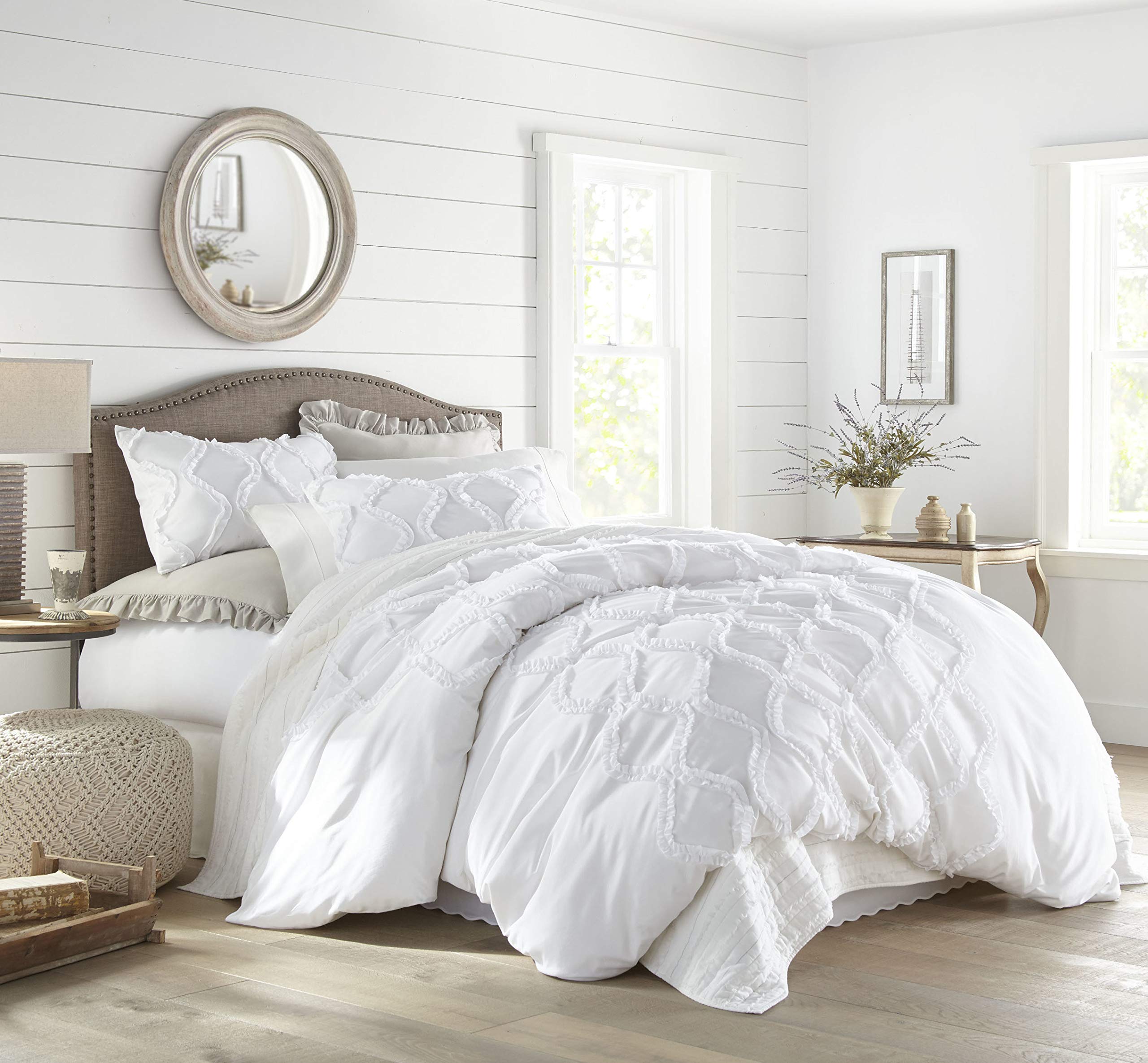 Stone Cottage Anne Ruffle Ogee White King Duvet Cover Set