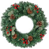 Ovveroche 18Inch Christmas Wreath for Front Door Artificial Greenery Wreath | with Pine Cones Red Berries Eucalyptus, Christmas Decoration for Window Wall Fireplaces Porch Indoor Outdoor Home Decor