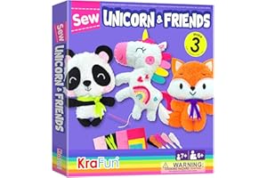 KRAFUN Unicorn Beginner Animal Sewing Kit for Kids Age 7+ My First Art & Craft, Includes 3 Stuffed Animal Dolls Unicorn, Pand