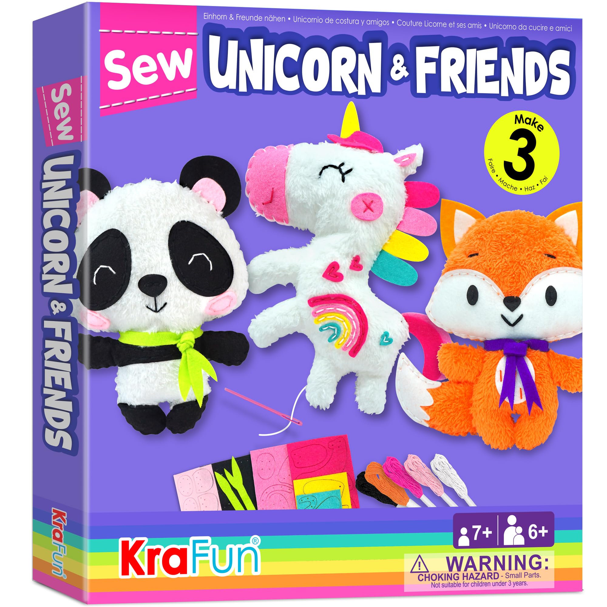 KRAFUN Unicorn Sewing Kit for Kids Ages 7-13, Beginner Craft Set with 3 Stuffed Dolls (Panda, Fox, Unicorn), Plush Felt, Embroidery Supplies, Instructions, Pre-Punched Fabric