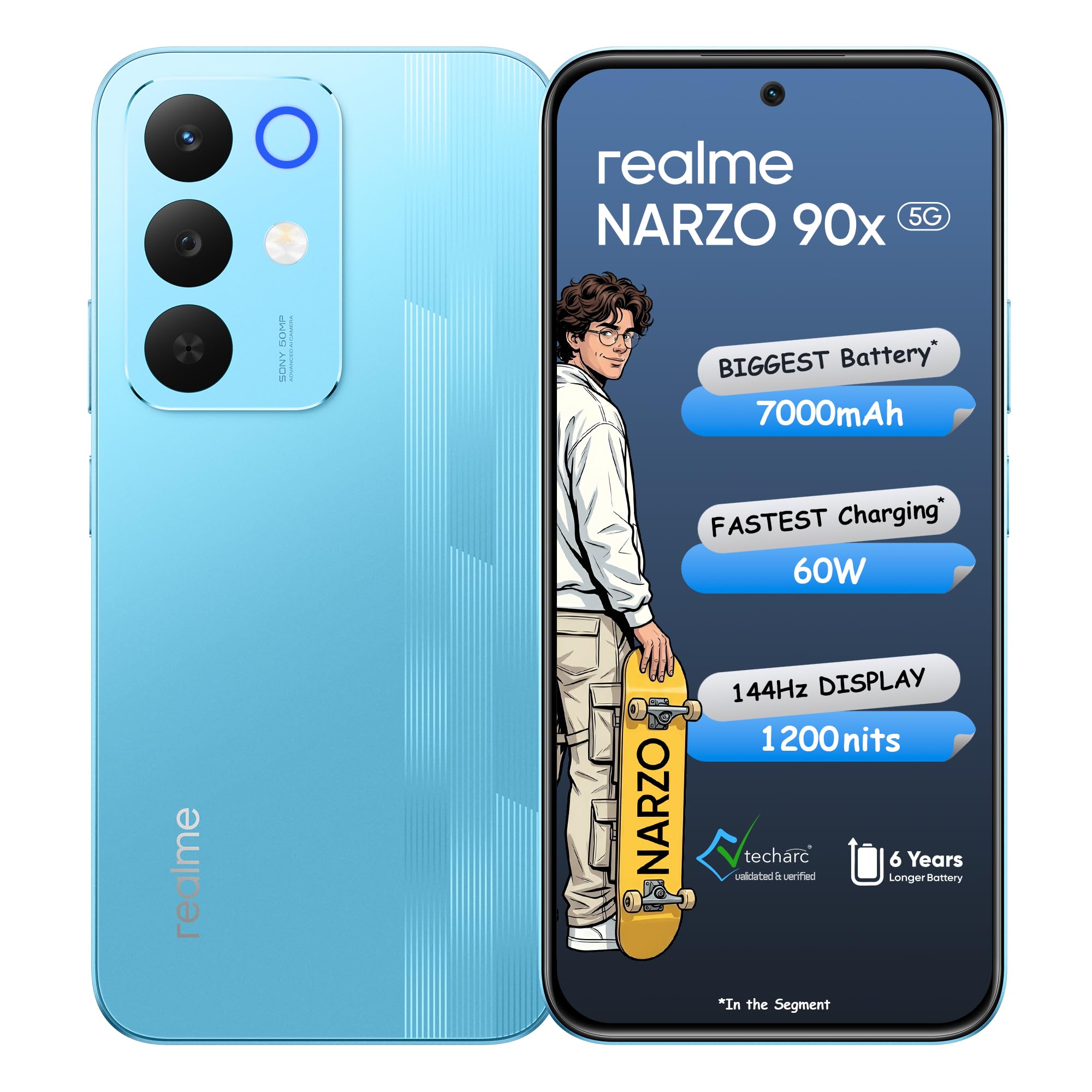 realme NARZO 90x 5G (Flash Blue,6GB+128GB) | 7000mAh + 60W Biggest Battery & Fastest Charging in the Segment* | 144Hz Bright Display | Sony 50MP AI Rear Camera | AI Assist | 400% Ultra Boom Speaker