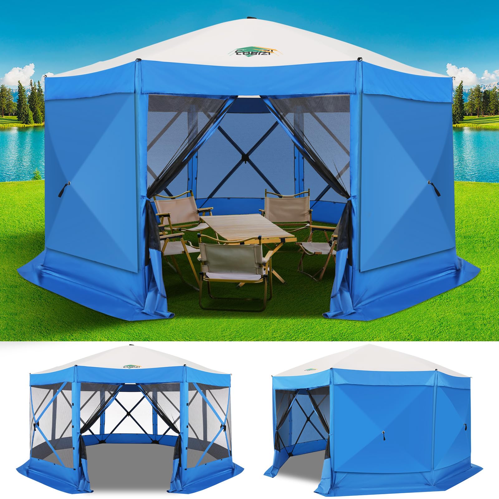COBIZI 15×15 FT Pop Up Gazebo – Canopy Tent, Large Gazebos On Clearance with Sidewalls, Screened in Gazebo,carpas para Patio,Portable Screen Tents for 12-15 Persons Outdoor Camping, Backyard, Blue