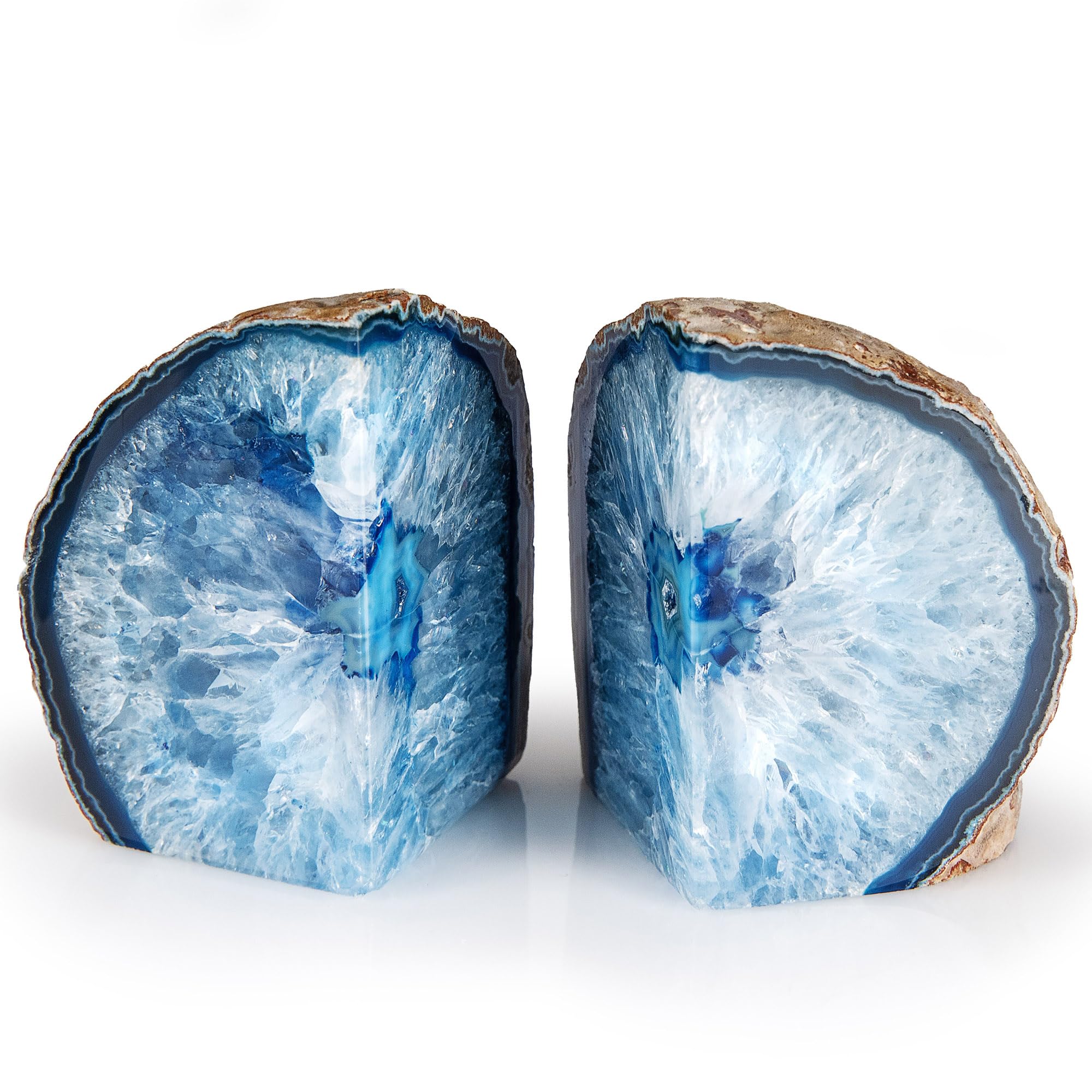 Genuine Blue Agate Bookends – Polished Crystal Geode Home Decor – Natural Stone Slice Pair for Shelves, Desks & Offices