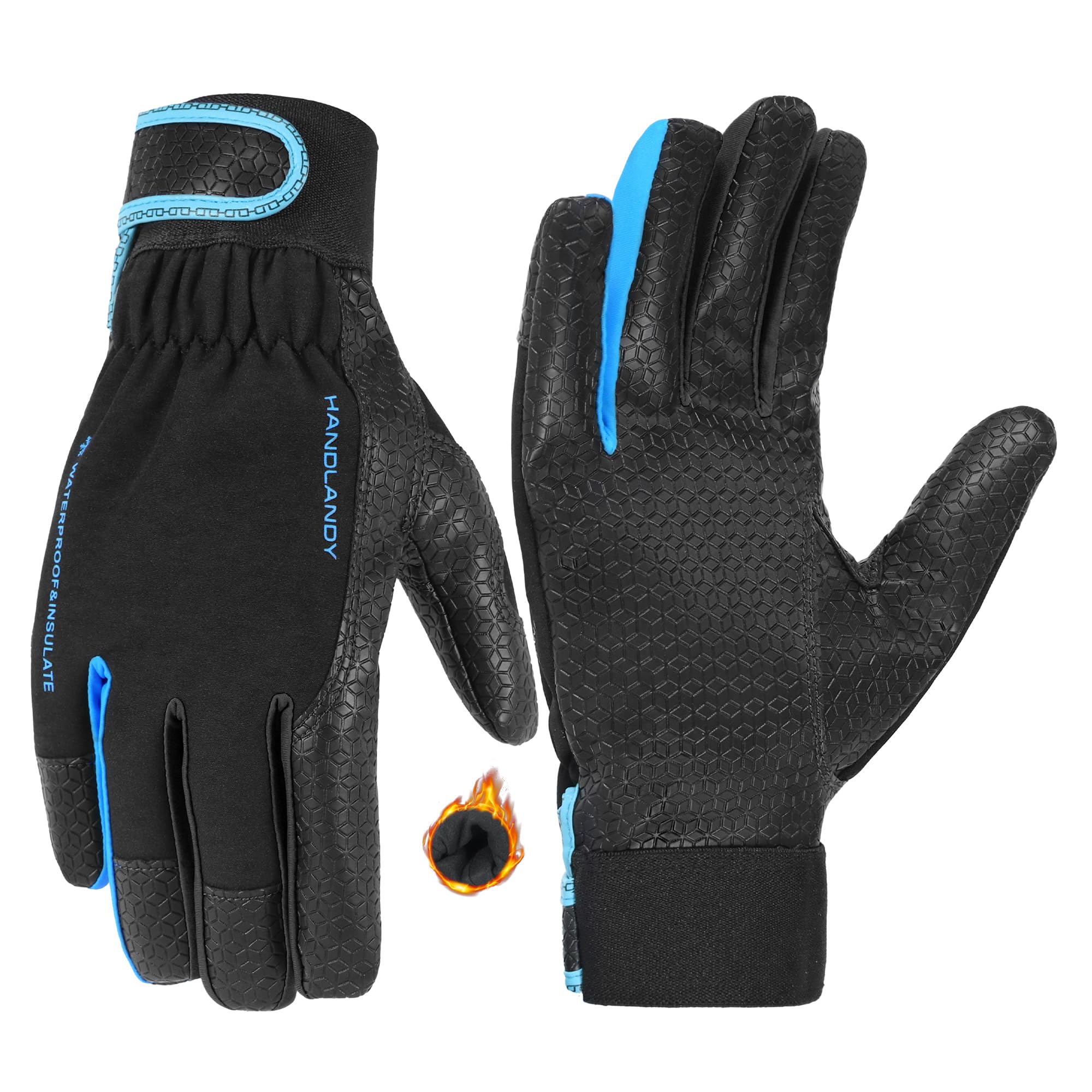 HANDLANDY Men Thermal Winter Leather Work Gloves, Waterproof, Cold Weather, Driving, Hiking, Running, Outdoor Work (Black-Blue, L)