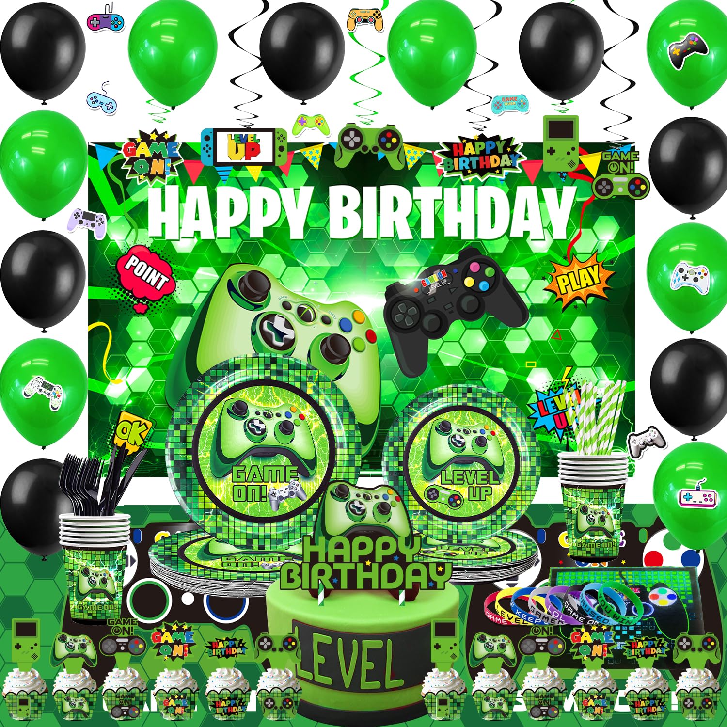 Photo 1 of Green Gamer Birthday Party Decoration - 217Pcs Video Game Gaming Party Supplies For Boys Birthday Party - Backdrop, Table Cover, Plates, Cups, Napkins, Utensils, Hanging Swirls, Cupcake Topper, Cake