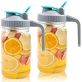 Mason Jar Pitcher Wide Mouth 32 OZ 2 Pack Glass Pitcher With Handle And Pour Spout Lid Airtight And Leakproof Water Jug With Flip Cap For Iced Coffee, Milk, Beverage, Lemonade, Iced Tea