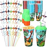 Maxcheck 36 Sets 16 oz Dinosaur Cups Birthday Party Favors with Colorful Lids and Straws for Birthday Decorations Rainbow Plastic Cups Reusable Plastic Straws for Party