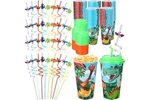 Maxcheck 36 Sets 16 oz Dinosaur Cups Birthday Party Favors with Colorful Lids and Straws for Birthday Decorations Rainbow Plastic Cups Reusable Plastic Straws for Party